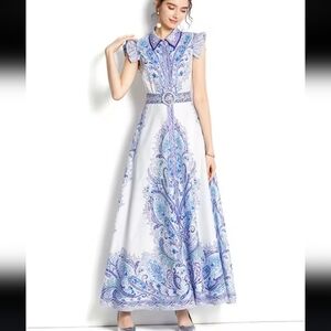 Karolina Elegant White and Blue Paisley Sleeveless  Maxi Ruffle Dress Small